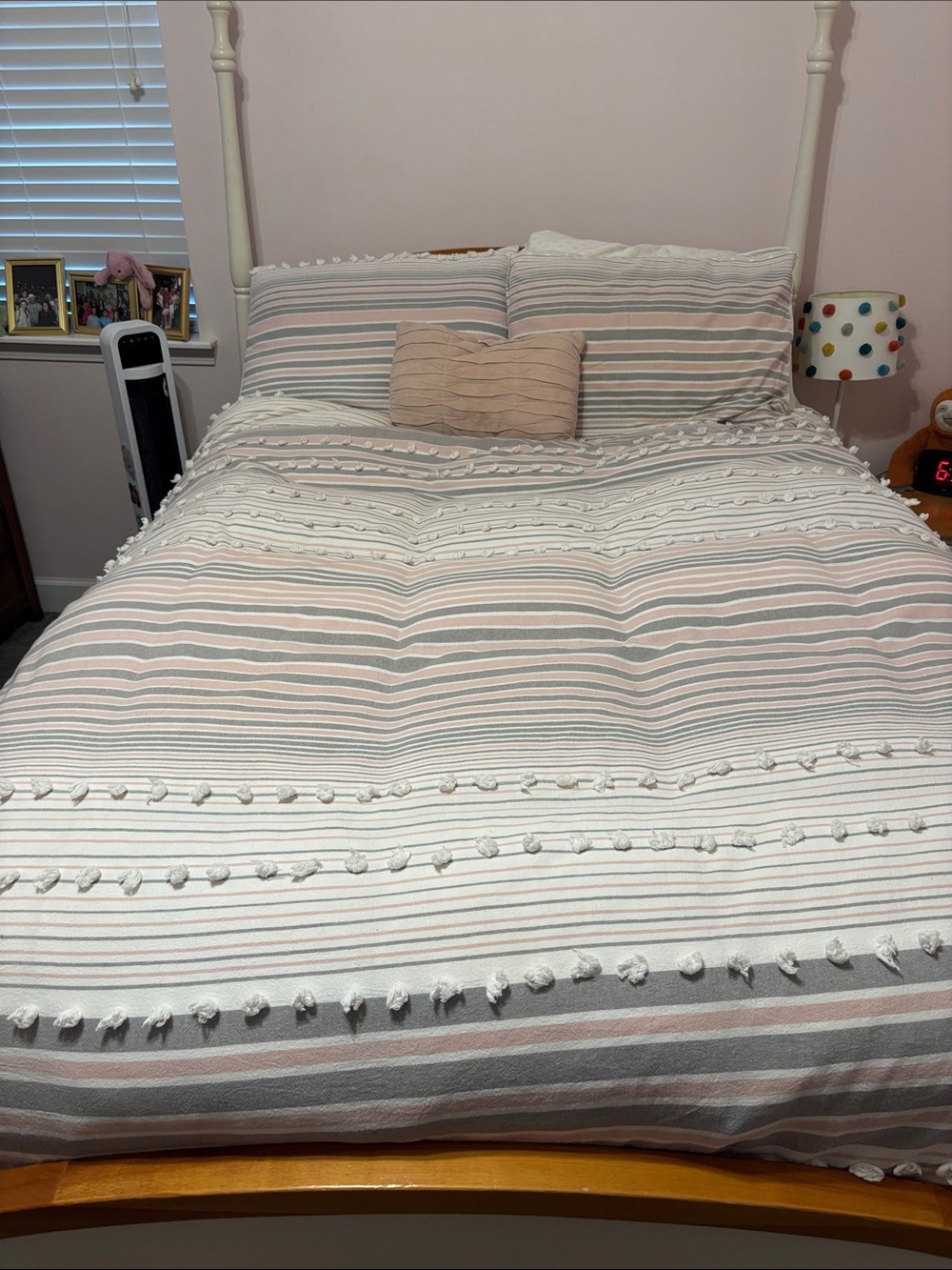 Striped Pom-Pom duvet full queen Set in Blush and Gray -duvet shams only